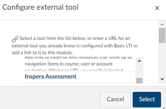 Inspera Assessment option in the external tool list